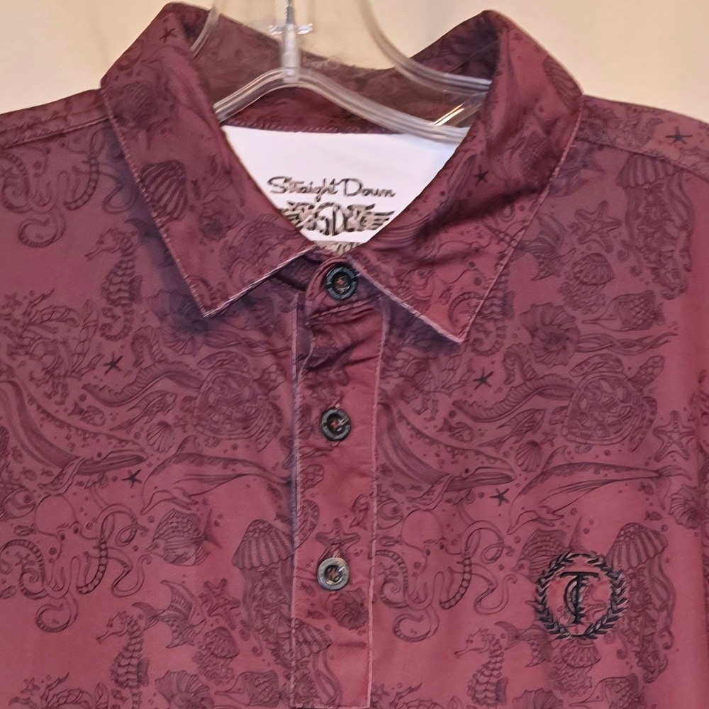 Straight Down Mens Golf Polo Shirt L Large Burgundy‎ Nautical Print Short Sleeve